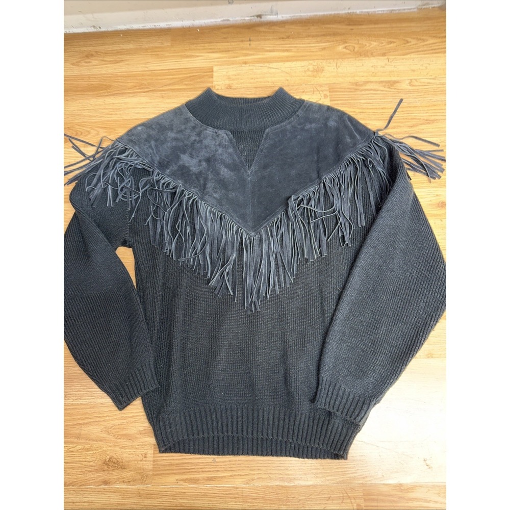 Vtg Pioneer Wear Sweater Fringe Leather Western  Country  Black  Concert Sz Med